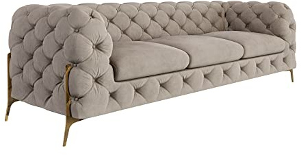 S-Style Möbel Milton Sofa 3-Sitzer Chesterfield-Sofa für Wohnzimmer Lounge Couch mit verchromten Füßen Möbel Freistehende Polster Sofas & Couches Couchgarnitur Dunkelcreme 243 x 73 x 100 cm