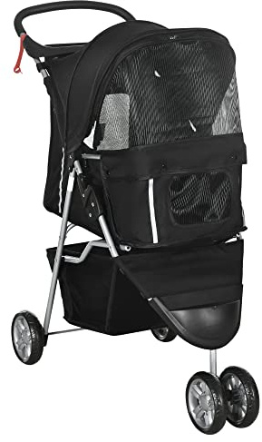 PawHut Hundewagen Hundebuggy klappbar für Hunde & Katzen bis 10 kg Katzenbuggy mit Kissen Netzfenstern Getränkehalter Aufbewahrungstasche Katzenwagen Buggy Schwarz