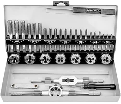 Brüder Mannesmann Gewindeschneidsatz, 32-teilig - Reparaturset für Innen- und Außengewinde (M3 - M12) - Metallkassette inkl. Windeisen, Schneideisenhalter, Schraubendreher und Gewindelehre | M53250-B