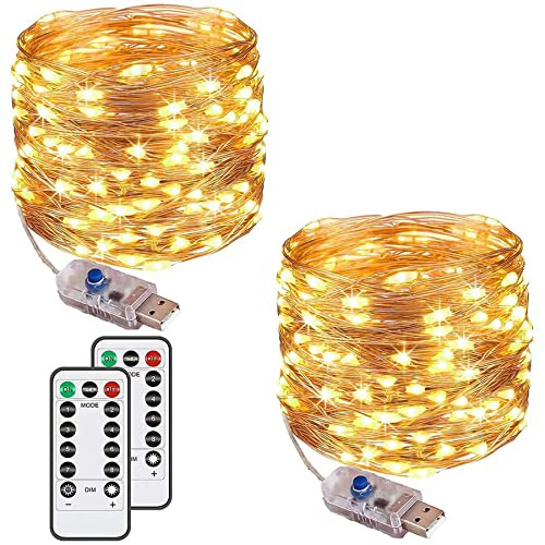 Augone Lichterkette mit 120 LEDs, 12 m, 8 Modi, USB-Stecker, wasserdicht, Kupfer-Lichterkette mit Fernbedienung, Timer für Schlafzimmer, Party, Hochzeit, Weihnachten (warmweiß)