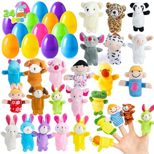 JOYIN 24 Ostereier gefüllt mit Fingerpuppen, vorgefüllte Eier mit Cartoon-Tierpuppen für Kinder zur Ostereiersuche, als Füllmaterial für Osternester, Gastgeschenke und Preise im Klassenzimmer