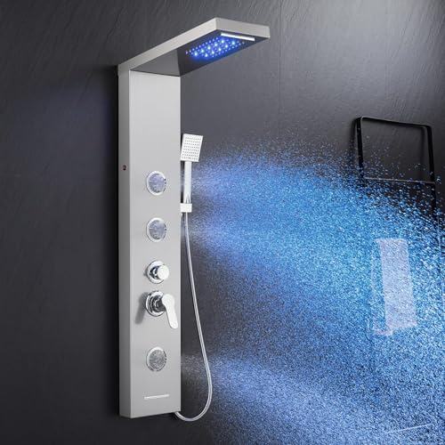 KINKIBOS Duschpaneel mit Armatur, 6 Funktionen Duschpaneel mit LED Regen&Wasserfall Dusche, 3 Massagedüsen, Handbrause und Wasserfall Wanneneinlauf, Duschsäule aus Edelstahl