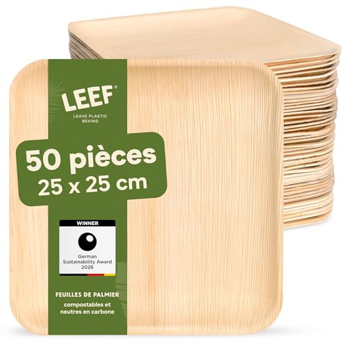Leef 50x Palmblatt Teller eckig - Einweggeschirr kompostierbar und naturbelassen - 25 x 25 cm - umweltfreundlich - Geschirr Partygeschirr Einwegteller