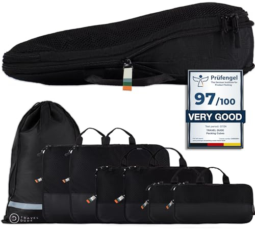 TRAVEL DUDE Packwürfel Set mit Kompression aus recycelten Plastikflaschen, Leichte Packing Cubes, Packtaschen Set für Rucksack und als Koffer Organizer, Zubehör (Schwarz, 7-teiliges Set)