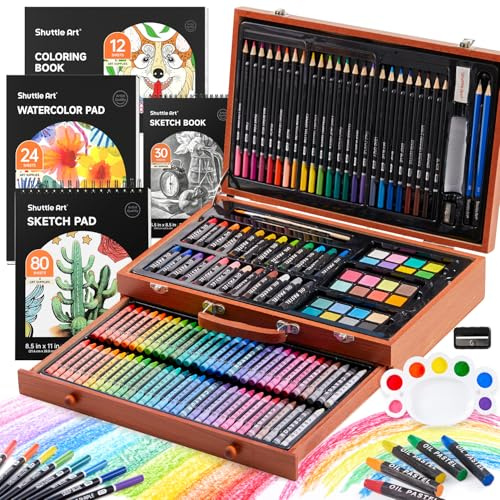 Shuttle Art 149 teiliges Malset mit Buntstift, Pastellkreide, Aquarellfarbe | Deluxe Malkoffer mit Aquarellfarben, Malstifte, Malbuch, Aquarellblock, Holzkoffer, Malset für Kinder und Erwachsene