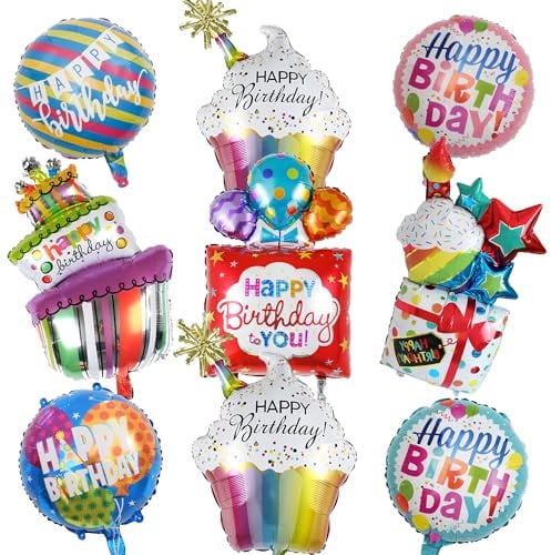 Folienballon Geburtstag Happy Birthday Deko - 9 Stück für Geburtstagdeko | Bunte Tortenballons für Geburtstag Karneval Urlaub Party Dekoration