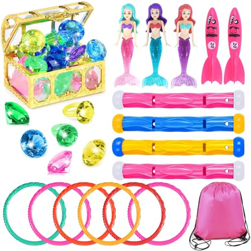 Komicea Tauchspielzeug für Kinder, 30 Stück Pool Spielzeug mit Tauchringen, Tauchstäbe, Meerjungfrauen, Toypedo Banditen, Algenspielzeug und Edelsteinen, Geschenk für Jungen Mädchen ab 5-12 Jahren