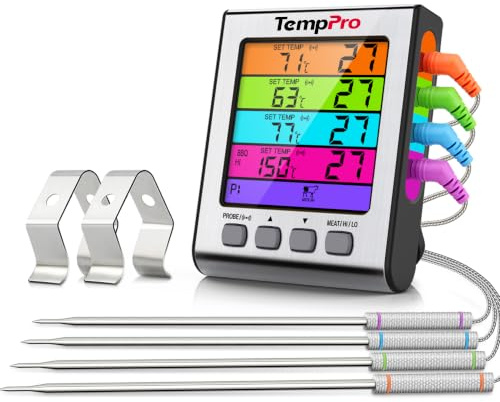 TempPro Fleischthermometer Grillthermometer mit 4 Fühlern Bratenthermometer | mit Farb-LCD, Alarm, USDA Voreinstellungen, Magnet & Ständer, für Backofen, Grill, Smoker, inkl. Batterie ( Ex-ThermoPro )