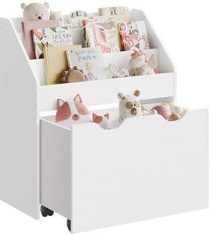 SONGMICS Bücherregal Kinder, Kinderregal, Spielzeugregal, mit 3 Regalebenen, Aufbewahrungsbox auf Rollen, multifunktional, für Kinderzimmer, Spielzimmer, wolkenweiß GKR041W10