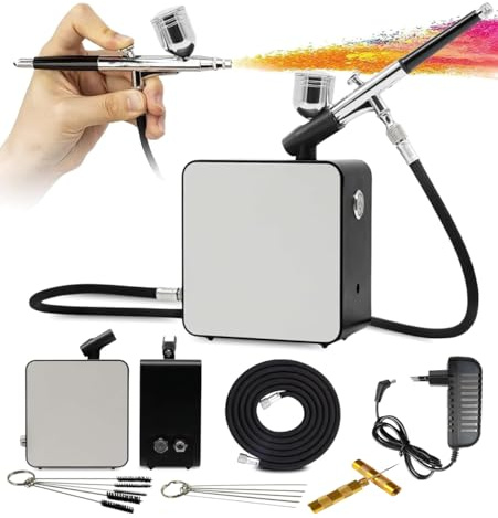 JUNIERS Airbrush-Set mit Kompressor inkl. 3 meter Schlauch - Profi Air-Brush Double Pistole Kit AG-102K - Multifunktional für Modellbau, Tätowierung, Torten, Tanning & mehr