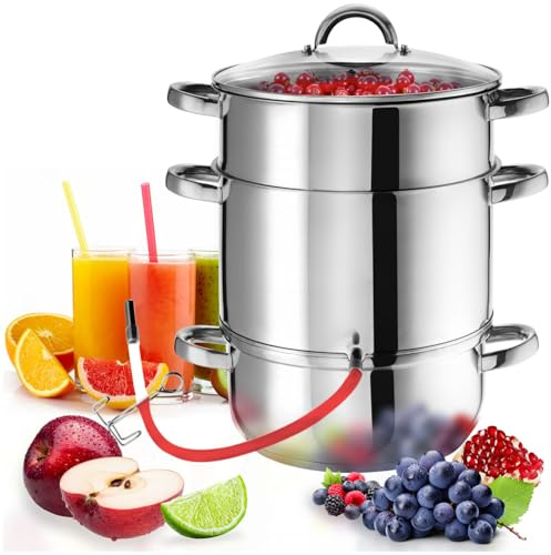 tectake Dampfentsafter 15L Edelstahl, Entsafter, Saftpresse für Obst und Gemüse, induktionsgeeignet, Ø 26cm, Saftmaschine, Juicer Machine mit Glasdeckel und Schlauch, Spülmaschinengeeignet - silber