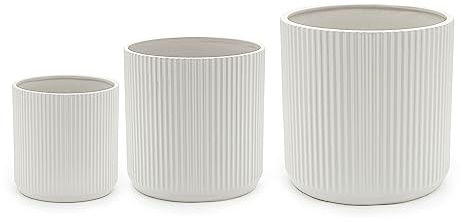 Amazon Basics Rund, Geriffelte Keramik-Pflanzgefäße, verschiedene Größen, 3 Stück, Weiß, 15.2, 20.3 und 25.4 cm
