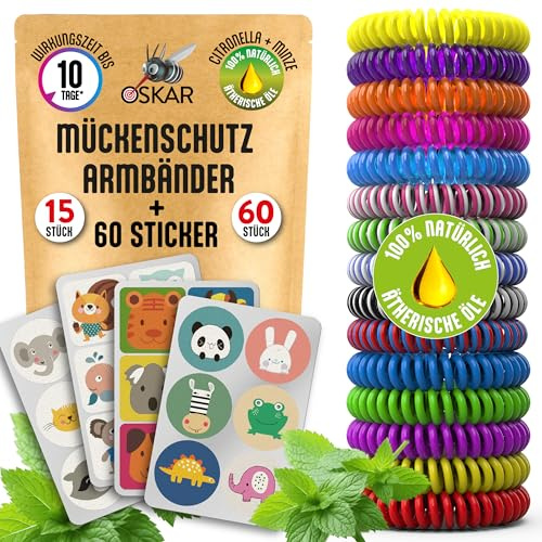 OSKAR Mückenschutz Armband für Kinder, 15 Stück + 60 Mückenpflaster zur Mückenabwehr - Bunt gemischt - Anti Mücken Set, extrem effektiver Kinder Mückenschutz für Camping, Urlaub & Festival