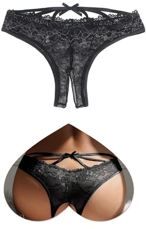 ohmydear Spitze String Tanga Sexy Slip Ouvert für Frauen Curvy Große Größen | Sexy Unterwäsche Offener Schritt Unterhosen, Erotische Damen Höschen, Niedrige Taille Hipster mit Crossover Strap & Schleife