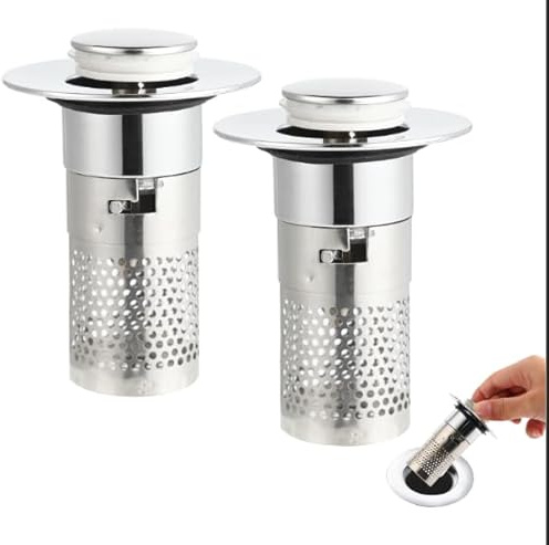 Abflussstopfen mit Auffangsieb, Pop-Up Waschbeckenstöpsel 34–40 mm, 2er Set mit Silikon-Dichtung, für Waschbecken & Spüle