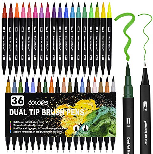 Dual Brush Pen Set, 36 Farben Doppelfasermaler, Tinte auf Wasserbasis Doppelfilzstifte Für Aquarell Watercolo Bullet Journal Handlettering Kalligraphie Manga, Fasermaler[1-2 mm] und Fineliner[0,4 mm]