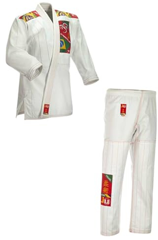 Ju-Sports BJJ Anzug Kids Weiß 130 I Leichter, schlanker Brazilian Jujutsu Anzug speziell für Kinder I BJJ Gi im bunten Design I Inkl. weißem Gurt I 100% Baumwolle