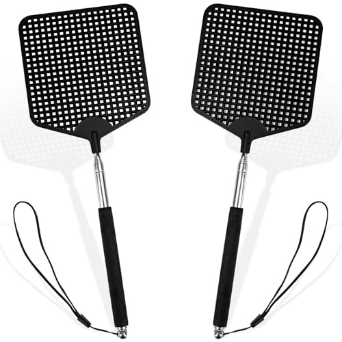 CONJURAIDE 2 Stück Fliegenklatsche Ausziehbar, Teleskop Fliegenklatsche Stabil Mosquito Swatter Fliegenklatsche Hand Fliege Schwarz Fenster Fliegenfalle Innenbereich für Flies Mücken Töten