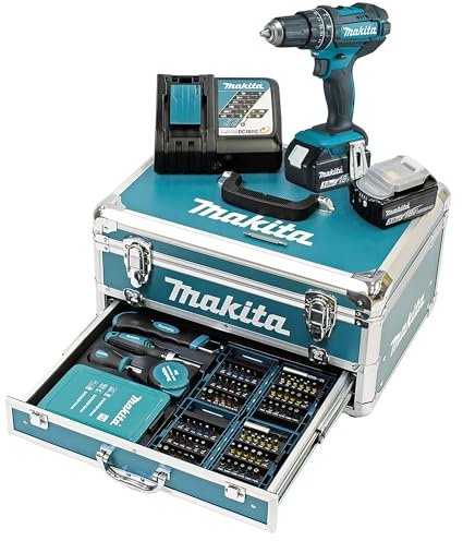 Makita DHP482RFX9 Schlagbohrschrauber 18V / 3,0 Ah, 2 Akkus plus Ladegerät im Alukoffer, Petrol, 96-tlg. Zubehör-Set