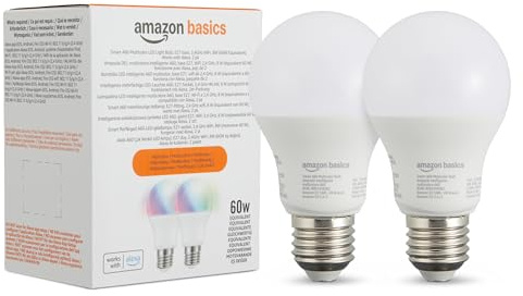 Amazon Basics Smarte LED-Glühbirne, farbenwechselnd, E27, 8W (entspricht 60W), funktioniert nur mit Alexa, 2 Stück, Mehrfarbig