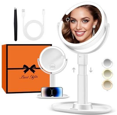 B Beauty Planet Beleuchteter Makeup Spiegel 30X Vergrößerungsspiegel mit 3 Farblicht, dimmbare LED & höhenverstellbar - Kosmetikspiegel 2-seitig für Badezimmer - Geschenk für Frauen Weiß