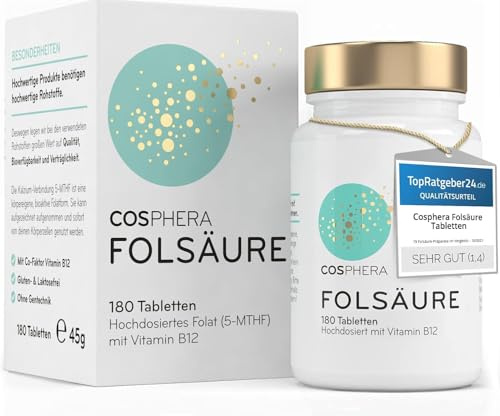 Folsäure Tabletten - Hochdosiert mit 800 μg Folat und 25 μg Vitamin B12 pro Tablette - 180 vegane Tabletten im 6-Monatsvorrat - Mit 5-MTHF, dem best verwertbaren Vitamin B9