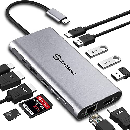 Docking Station,USB C Hub,UtechSmart Triple Display 12 in 1 USB C Adapter mit 2 HDMI,1*DisplayPort,Typ C PD,4 USB Ports,Gigablit Ethernet,SD/TF Kartenleser Kompatibel MacBook Pro und Mehr Typ C Geräte
