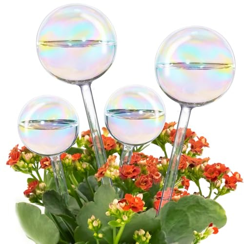 Tomorotec Bewässerungskugeln 4er Set (2 Große + 2 Kleine), Selbstbewässerung Wasserspender für Topfpflanzen & Gartenpflanzen, Automatische Bewässerungssystem, Handgeblasenes Regenbogenglas