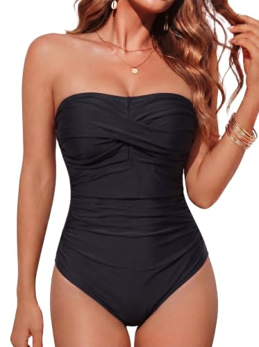 Smismivo Trägerloser Einteiliger Damen Badeanzugmit Bandeau Retro Bauchweg Schwimmanzug für Damen Vintage Ruched Einteilige Bademode Swimsuit Schwarz L