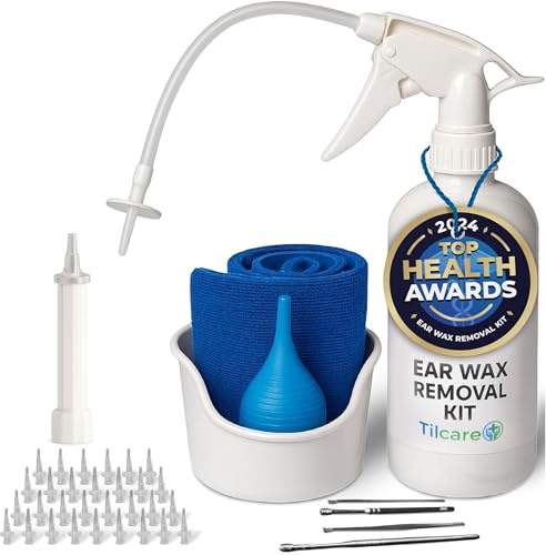 Ohrenschmalz Entferner von Tilcare - Ohrspülsystem für Erwachsene & Kinder - Perfektes Ohrreinigungsset - Beinhaltet Becken, Spritze, Kürette-Set, Handtuch und 30 Einwegspitzen