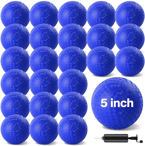 HSLCGF Dodgeballs, 12,7 cm, blauer Kickball, aufblasbarer Gummi-Handball, Hüpfball mit 1 Handpumpe für Outdoor, Ballspiele, Fitnessstudio, Camps, Picknick, Blau, 24 Stück