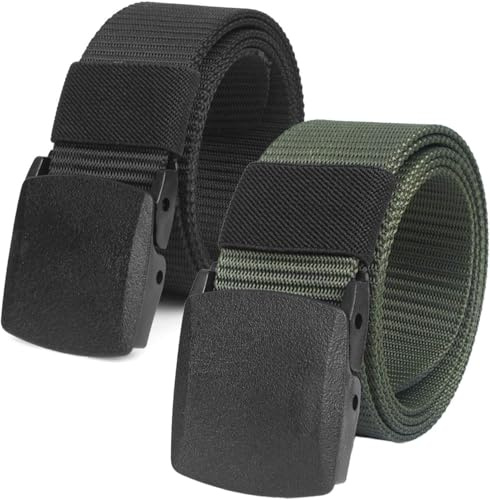 Chalier 2er Herren Gürtel Ohne Löcher Nylon Canvas Arbeitsgürtel Stufenlos Verstellbarer Stoffgürtel, Länge 130 cm, Geeignet für jeden Anlass, Schwarz & Armee Grün