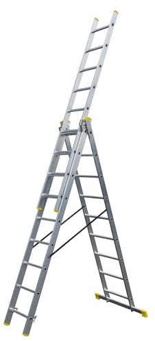 Bayersystem BS-DW 3x9 Mehrzweckleiter, 3x9 Sprossen, 3-teilige Alu-Kombileiter, bis 150 kg belastbar, max. Arbeitshöhe 6,01 m, Klappleiter, Multifunktionsleiter, Stehleiter, Silber/Gelb