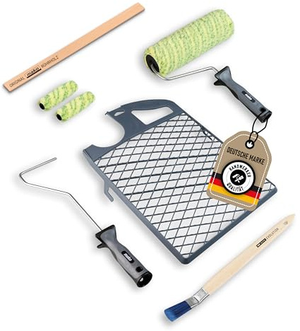ELITE Maler-Set 7-teilig – Malerwalze, Eckpinsel, Abstreifgitter | GREENLINE Walzen 25 cm & 10 cm, SoftGrip Bügel, Ersatzwalzen, Rührholz – Handwerker-Qualität, umweltfreundlich