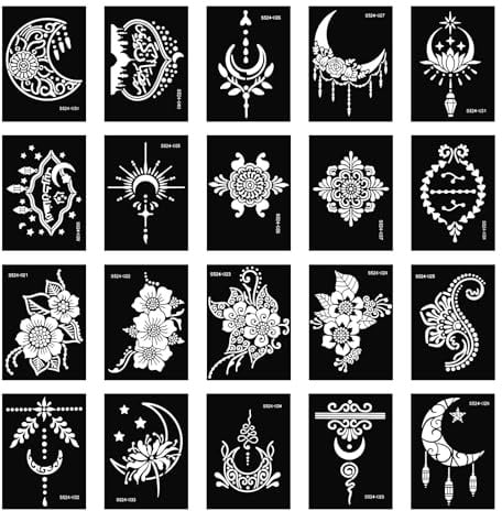 20 Blatt Tattoo-Schablonen-Set, temporäre Tattoo-Vorlagen für echte Tattoos, Mehndi-Schablonen für Kinder, Teenager, Erwachsene, Körperbemalung