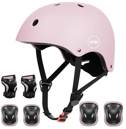 XJD Fahrradhelm Kinder Schoner Set(7er) Kinder Helm mit Knie- & Ellenbogen- & Handgelenkschützer Verstellbarer Schutz Jugend Skaterhelm für 3-13 Jahre Alt (Rosa Lila, M: 55-58 cm)
