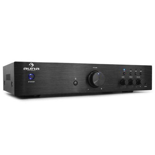 Auna Verstärker, HiFi Stereo Mini Verstärker, HiFi-Verstärker mit Bass & Treble Regler, 1 Kanal Audio-Verstärker, Stereo-Verstärker Lautsprecher mit Fernbedienung, AUX, AV Receiver für MP3 & CD