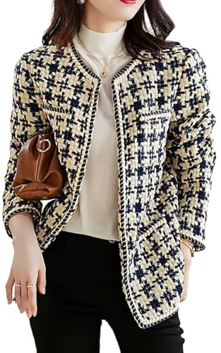 BININBOX Schicker Tweed-Blazer, kurze karierte Jacke für Damen, elegant, kragenlos, Büro, Freizeit, Arbeit
