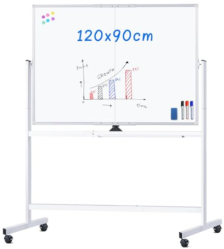 maxtek Whiteboard mit Ständer 120 X 90cm, Doppelseitiges Magnetisches Aluminiumrahmen Mobiles Whiteboard mit Stifte, Schwämme, Tafellöscher