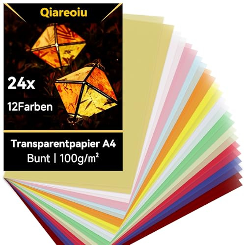 Qiareoiu Transparentpapier Bunt, Transparentpapier a4, Pergamentpapier zum Bedrucken, 12 Farben inkl. Gold & Silber, Pergamentpapier zum Basteln von Laternen, 24 Blatt