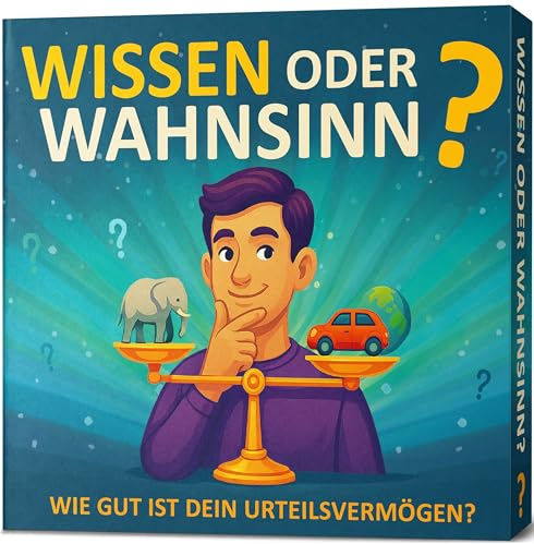 Wissen oder Wahnsinn – Wie gut ist dein Urteilsvermögen I Geniale Fragen, verblüffende Antworten I Das besondere Quiz - Spiele für Erwachsene & Teenager I ab 2 Personen I Mehr oder Weniger - Ratespiel