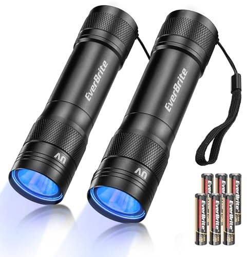EverBrite UV Taschenlampe 365nm, 2 Stück Schwarzlicht mit LED & Aluminiumgehäuse, Anti-Rutsch Griff, Haustier Urin Detektor für Hunde und Katzen, Geldscheinprüfer, inkl. 6 AAA Batterien
