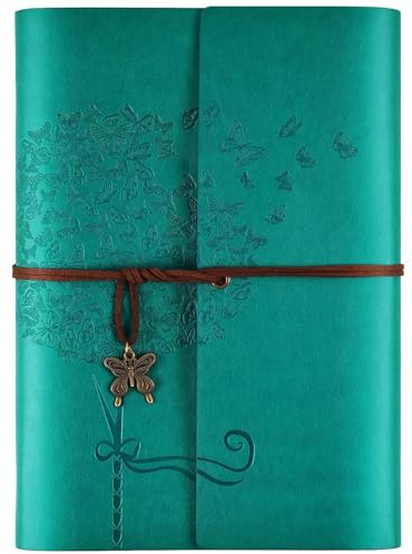 OMEYA Leder Notizbuch Tagebuch, Nachfüllbares Tagebuch für Frauen Mädchen, liniert Retro Reisende Tagebuch A5 16.5 cm x 23.4cm (Blau)
