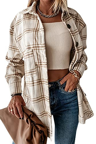 HVEPUO Damen Hemdjacke Karierte Shacket Langarm Hemd Mantel Flanell Jacke