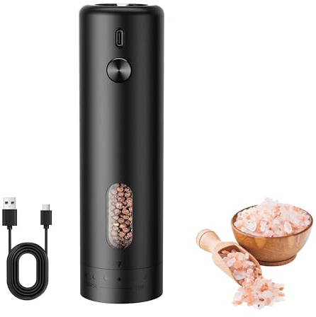 MERTTURM Elektrische Pfeffermühle USB-aufladbar, Automatische Salz Pfeffermühle mit Großem Fassungsvermögen (Upgrade), Externer Mahlgrad-Regler & Weißer LED, Einhandbedienung für Küche(1 Stück)