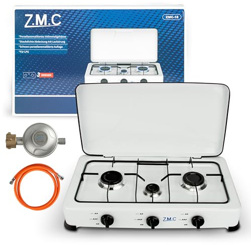 Z.M.C Gaskocher 3-flammig 5,4 kW Campingkocher für Gasflasche Propan LPG | 3 Brenner 5,4 kW gesamt | Schlauch & 50-mbar-Regler inkl. | Porzellan-Rost | nur 4,7 kg