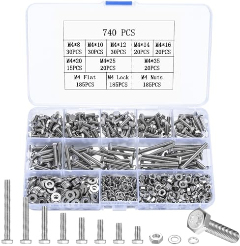 740 Stk Sechskantschrauben Muttern Set, M4 Schrauben, Edelstahl Gewindeschrauben, Maschinenschrauben Sortiment, Fahrrad Schrauben und Muttern Mit Unterlegscheiben für Auto Möbel (M4)