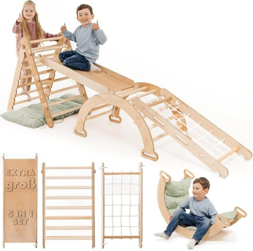 Goodevas Extra Groß 5-in-1 Indoor Klettergerüst für Kleinkinder - Dreiecksleiter, Kletterbogen & Kletterrampe & Netz, Kissen, Montessori Klettergerüst, für Kinder von 1-5 Jahren (Grünes Kissen)