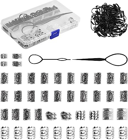 44 Stück Wikinger Bart Perlen DIY Haar Bartperlen, Nordische Haarschlauch Perlen Dreadlocks Perlen mit 2 Stück Pull Hair Pin Quick Beader und 50 Stück Gummibänder