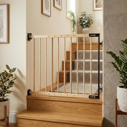 Treppenschutzgitter Holz 75,5–117 cm – Massivholz Treppengitter zum Bohren für Baby & Kleinkind, ohne Türschwelle, Doppel-Sicherheitsmechanismus, verstellbar, inkl. Montagematerial | EmsCraft24